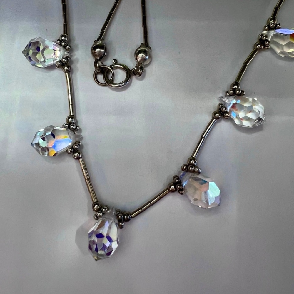 Vintage Handmade Aurora Borealis Crystal Sterling Beaded Necklace - Picture 1 of 12